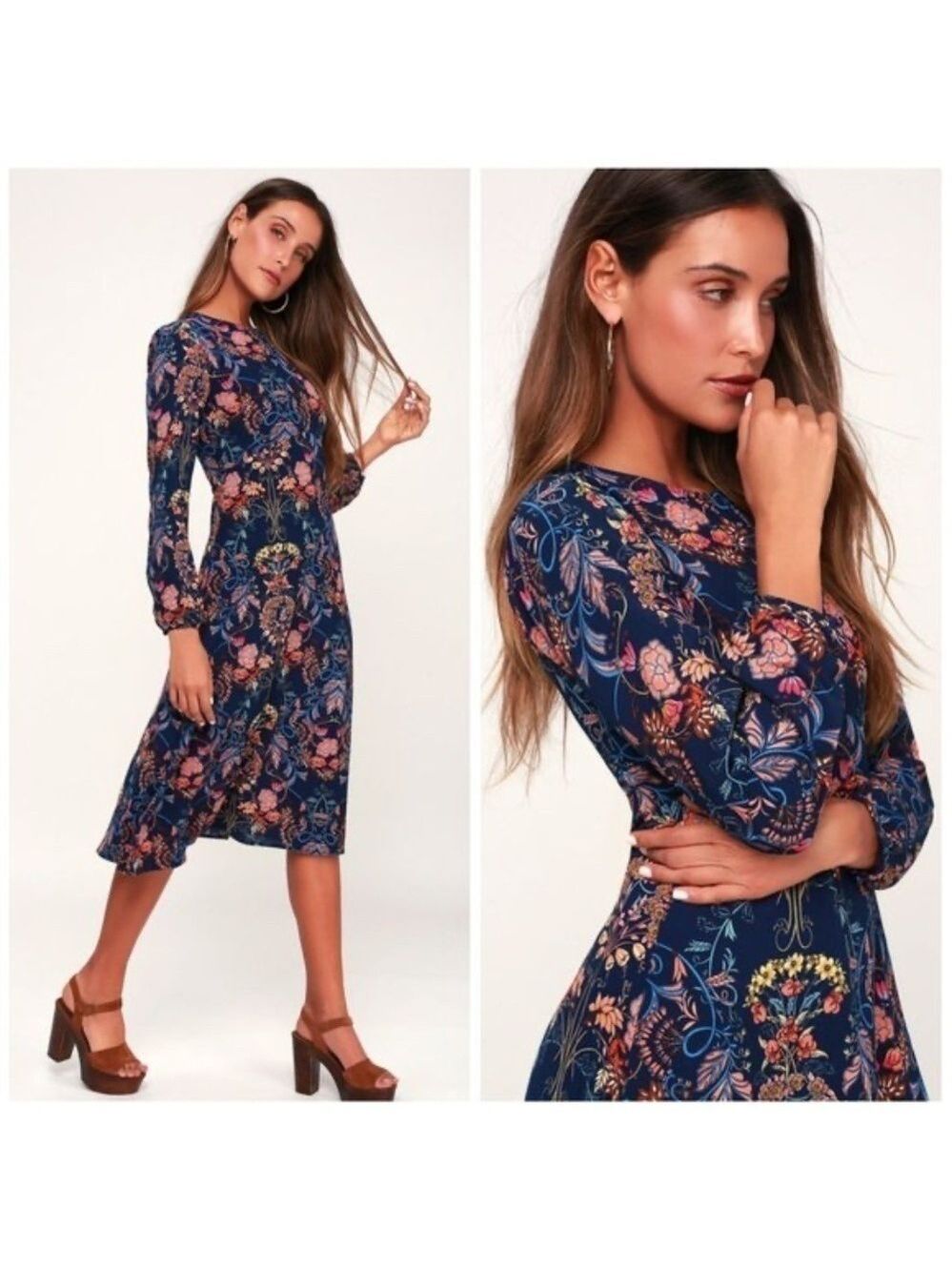 I. Madeline Garden Splendor Floral Print Long Sleeve Midi Dress
